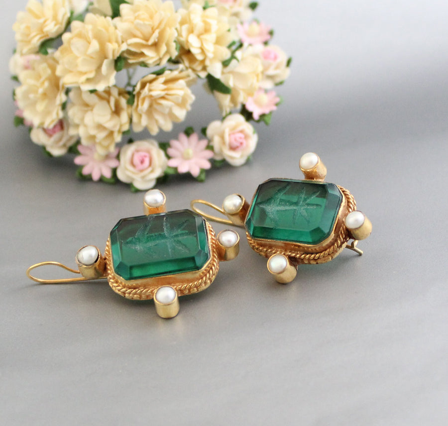 Intaglio Glass Earrings, Art Nouveau Style, Brass and Pearl, photo 2