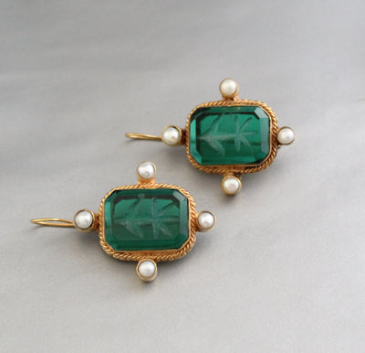 Intaglio Glass Earrings, Art Nouveau Style, Brass and Pearl, photo 8