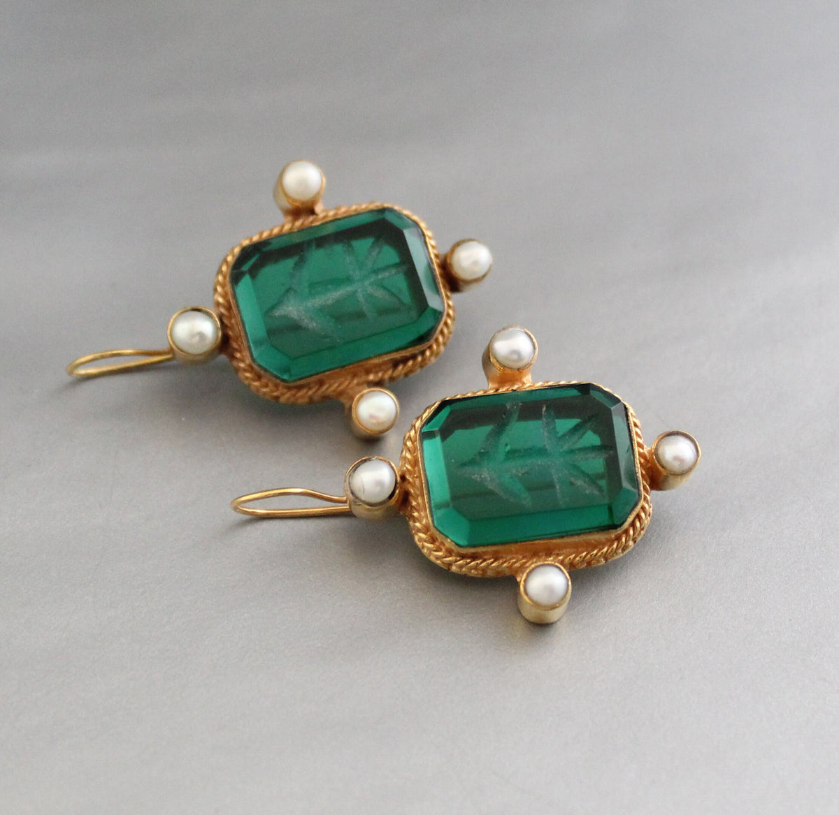 Intaglio Glass Earrings, Art Nouveau Style, Brass and Pearl, photo 9