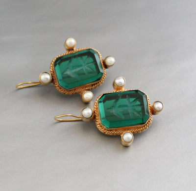 Intaglio Glass Earrings, Art Nouveau Style, Brass and Pearl, photo 9