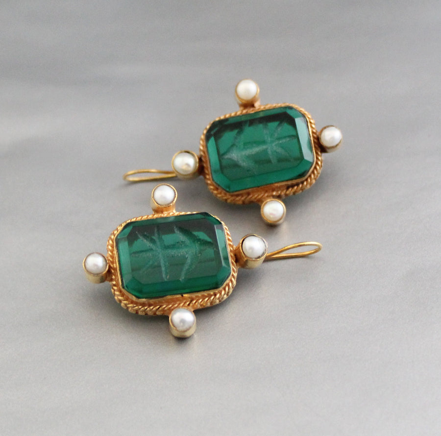 Intaglio Glass Earrings, Art Nouveau Style, Brass and Pearl, photo 11