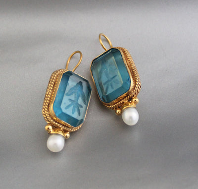 Blue Glass Intaglio Earrings, Victorian Pearl Style, 18K Gold Vermeil, photo 10