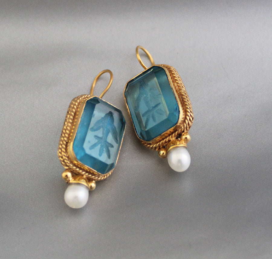 Blue Glass Intaglio Earrings, Victorian Pearl Style, 18K Gold Vermeil, photo 10