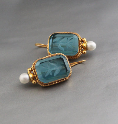 Blue Glass Intaglio Earrings, Victorian Pearl Style, 18K Gold Vermeil, photo 2