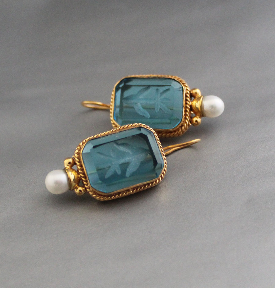 Blue Glass Intaglio Earrings, Victorian Pearl Style, 18K Gold Vermeil, photo 2