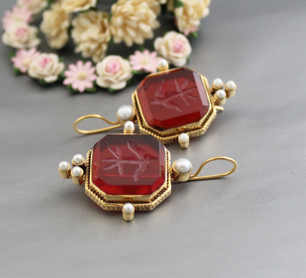 Red Intaglio Crystal Earrings, Victorian Style, 18K Gold