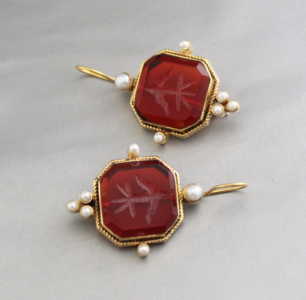 Red Intaglio Crystal Earrings, Victorian Style, 18K Gold, photo 10