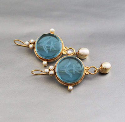 Blue Intaglio Earrings, Ancient Roman Style, Victorian Gold