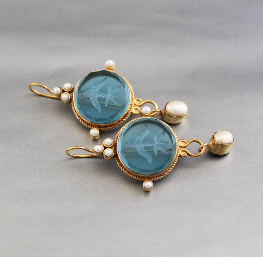 Blue Intaglio Earrings, Ancient Roman Style, Victorian Gold