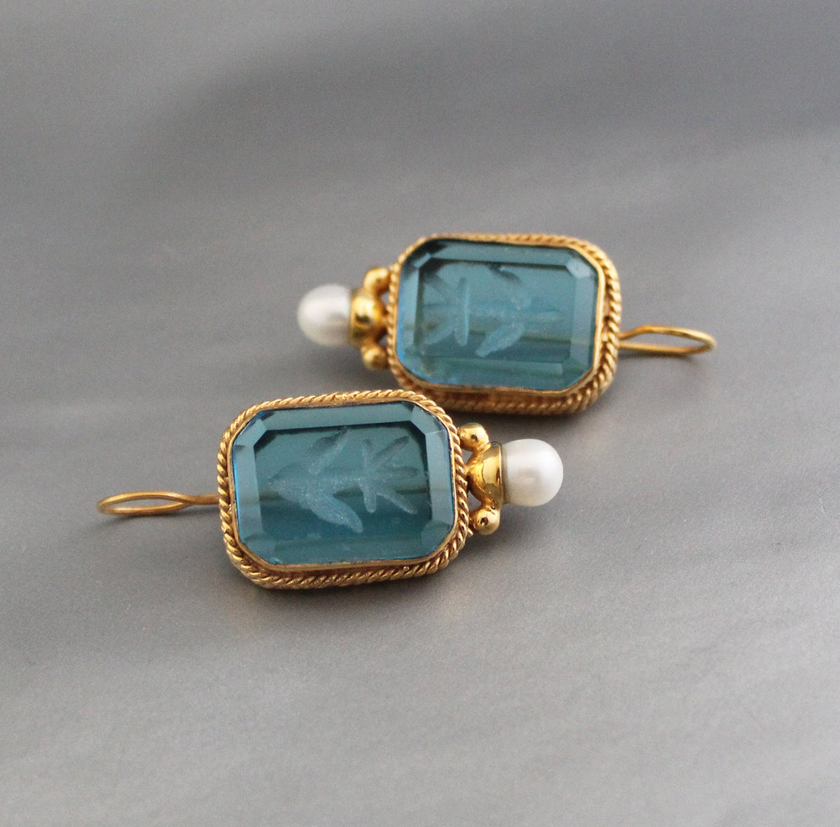Blue Glass Intaglio Earrings, Victorian Pearl Style, 18K Gold Vermeil, photo 12
