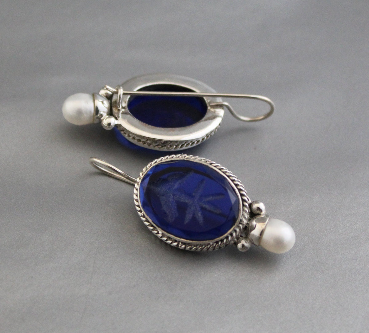 Blue Glass Intaglio Earrings, Victorian Art Deco Style, 925 Sterling Silver, photo 5