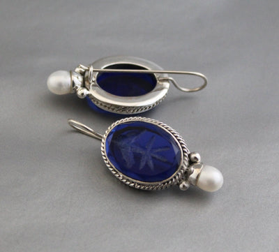 Blue Glass Intaglio Earrings, Victorian Art Deco Style, 925 Sterling Silver, photo 5