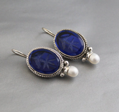 Blue Glass Intaglio Earrings, Victorian Art Deco Style, 925 Sterling Silver, photo 4
