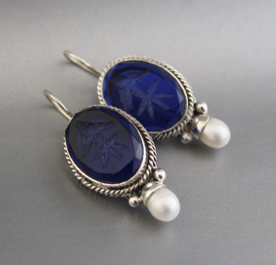 Blue Glass Intaglio Earrings, Victorian Art Deco Style, 925 Sterling Silver, photo 7