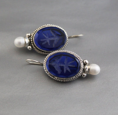 Blue Glass Intaglio Earrings, Victorian Art Deco Style, 925 Sterling Silver, photo 2