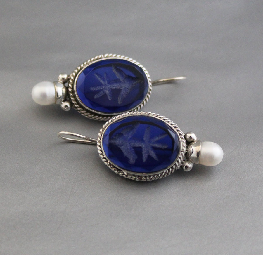 Blue Glass Intaglio Earrings, Victorian Art Deco Style, 925 Sterling Silver, photo 2