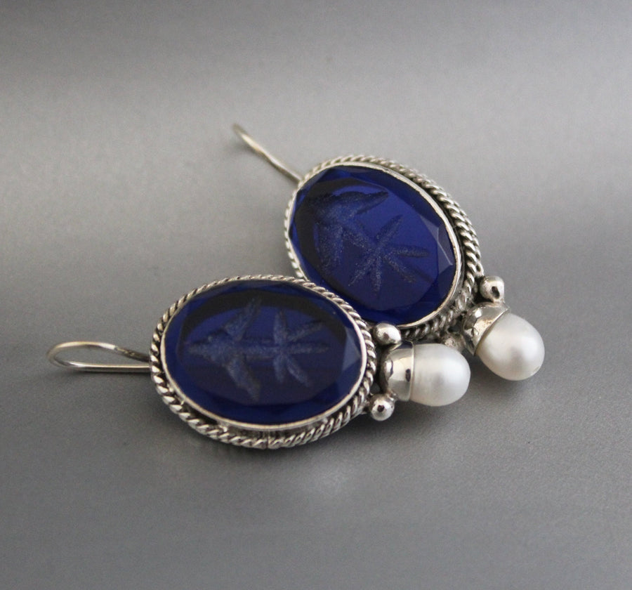 Blue Glass Intaglio Earrings, Victorian Art Deco Style, 925 Sterling Silver, photo 6