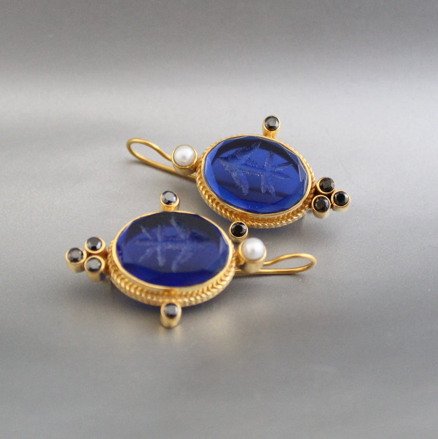 Blue Fleur-de-lis Intaglio Earrings, Vintage Gold Filled, photo 6