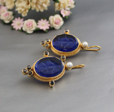 Blue Fleur-de-lis Intaglio Earrings, Vintage Gold Filled, photo 9