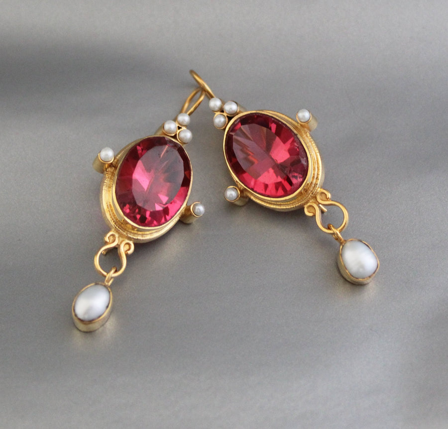 Pink Glass Intaglio Earrings, Victorian Style, 18K Gold, photo 8