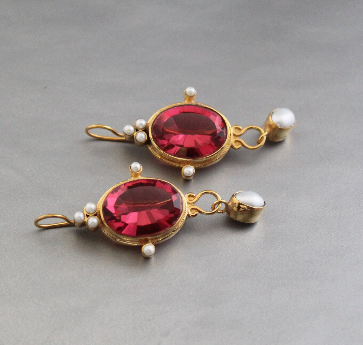 Pink Glass Intaglio Earrings, Victorian Style, 18K Gold, photo 10
