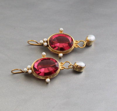 Pink Glass Intaglio Earrings, Victorian Style, 18K Gold, photo 10