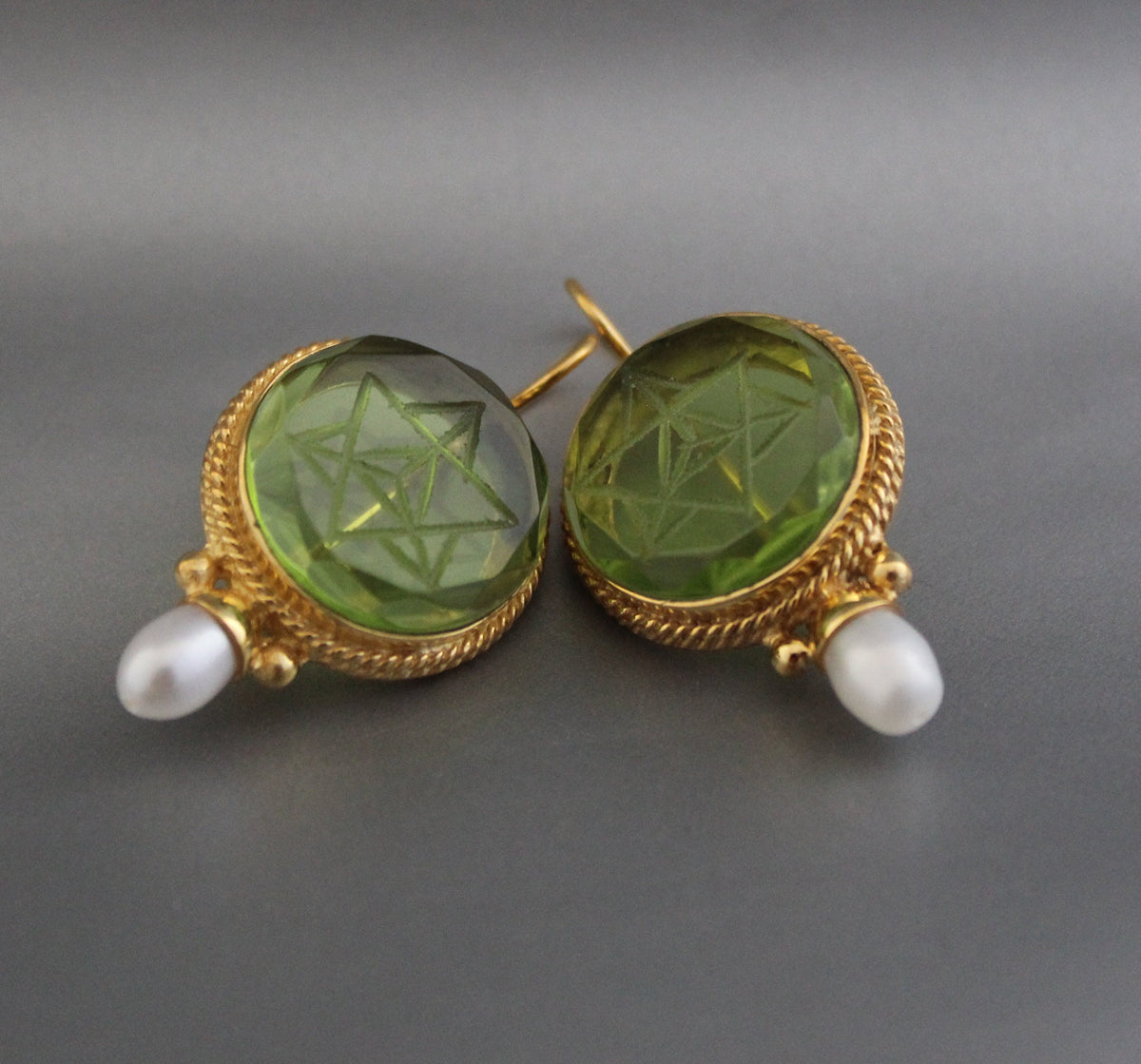 Green Merkaba Intaglio Earrings, Antique Gold Finish, photo 9