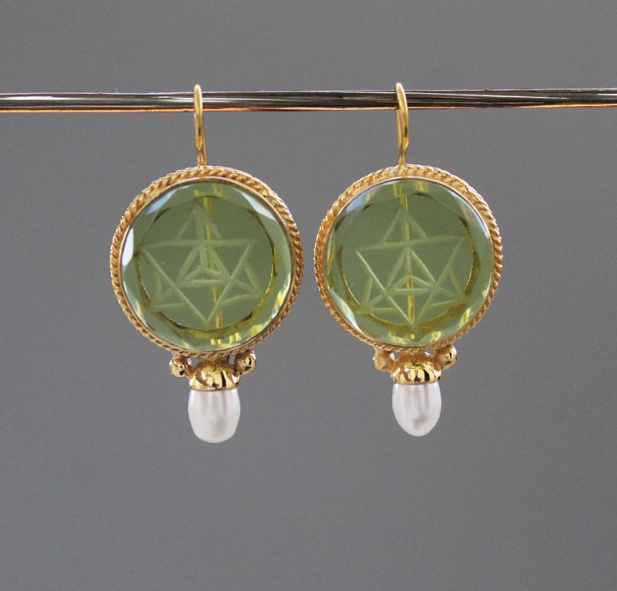 Green Merkaba Intaglio Earrings, Antique Gold Finish, photo 8