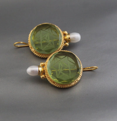 Green Merkaba Intaglio Earrings, Antique Gold Finish, photo 5