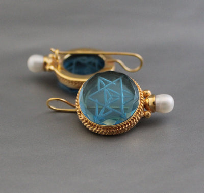 Blue Merkaba Intaglio Earrings, Victorian Pearl Style, Gold, photo 4