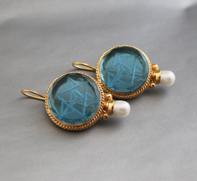 Blue Merkaba Intaglio Earrings, Victorian Pearl Style, Gold, photo 6