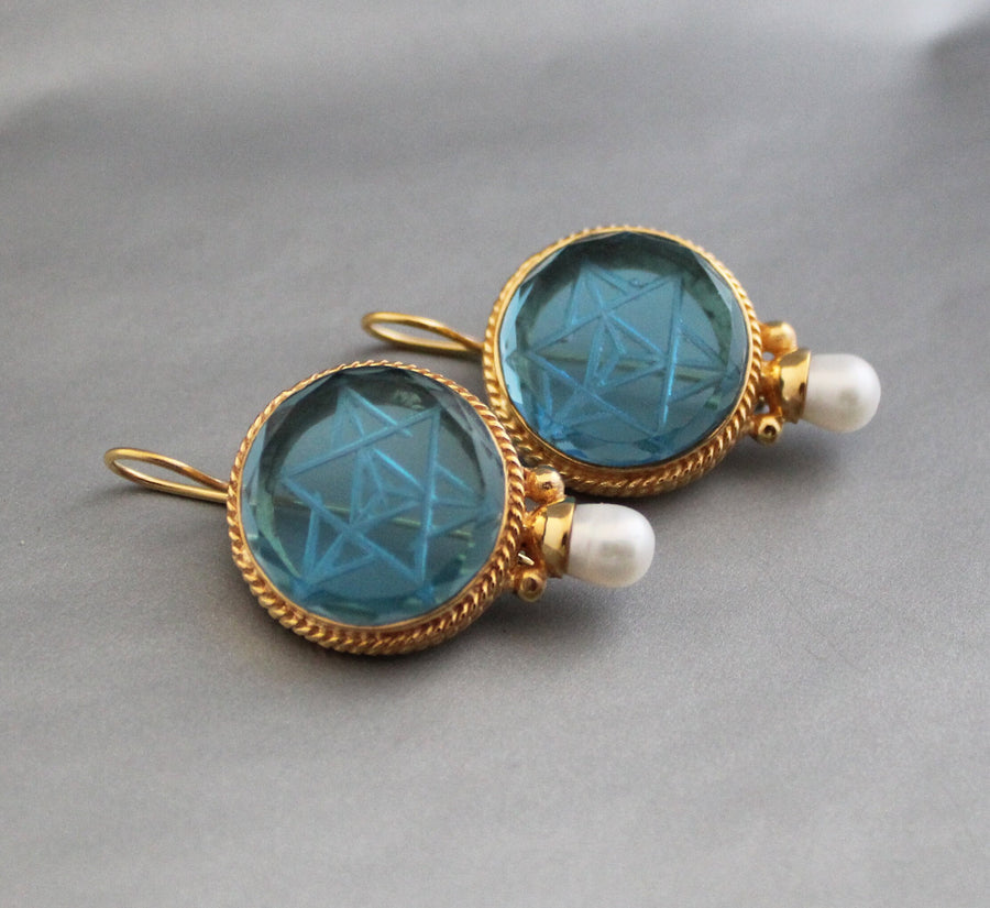 Blue Merkaba Intaglio Earrings, Victorian Pearl Style, Gold, photo 6