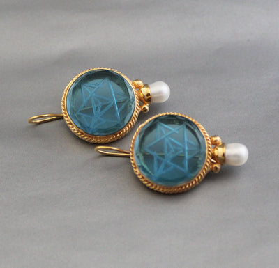 Blue Merkaba Intaglio Earrings, Victorian Pearl Style, Gold, photo 7