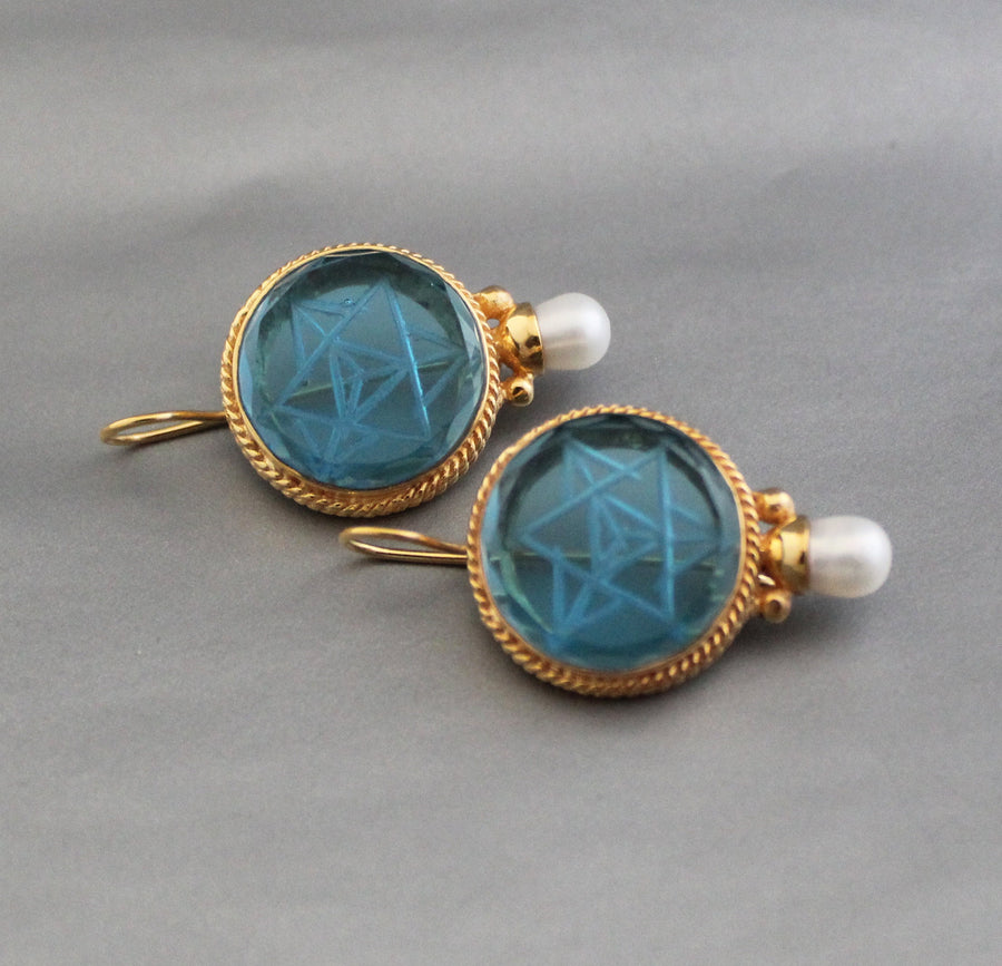 Blue Merkaba Intaglio Earrings, Victorian Pearl Style, Gold, photo 7