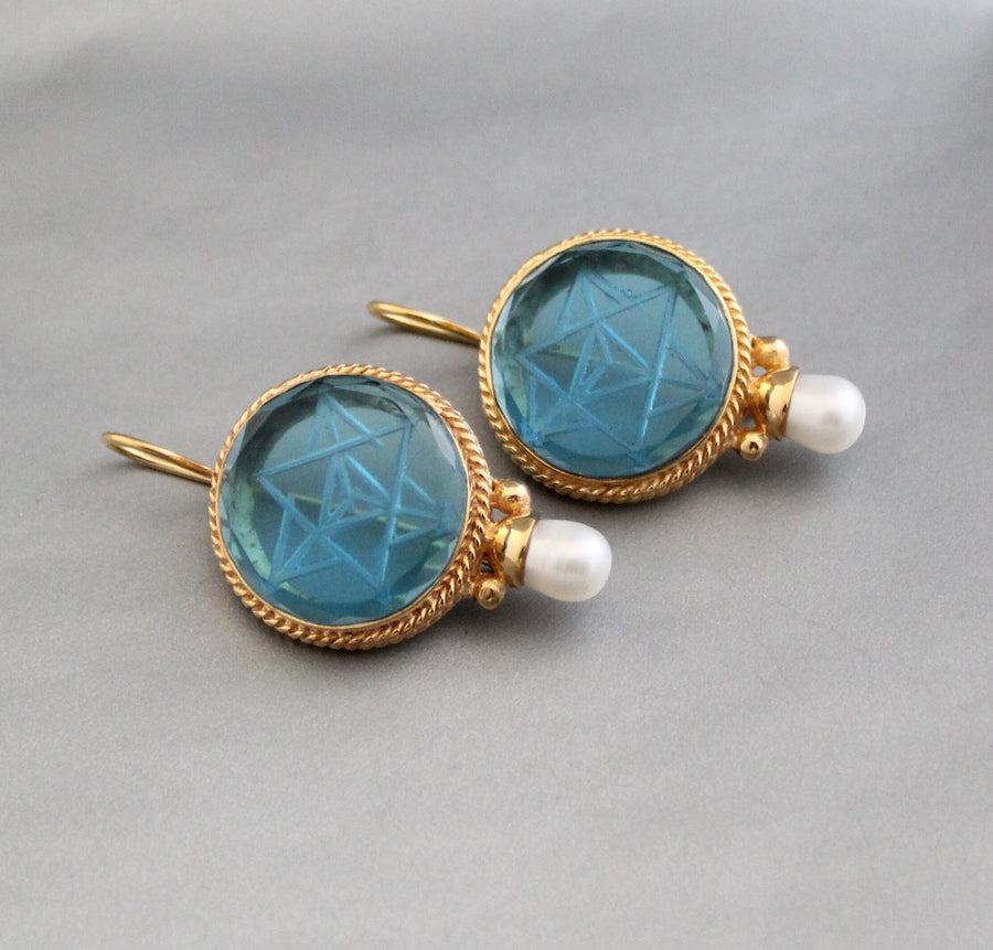 Blue Merkaba Intaglio Earrings, Victorian Pearl Style, Gold, photo 5