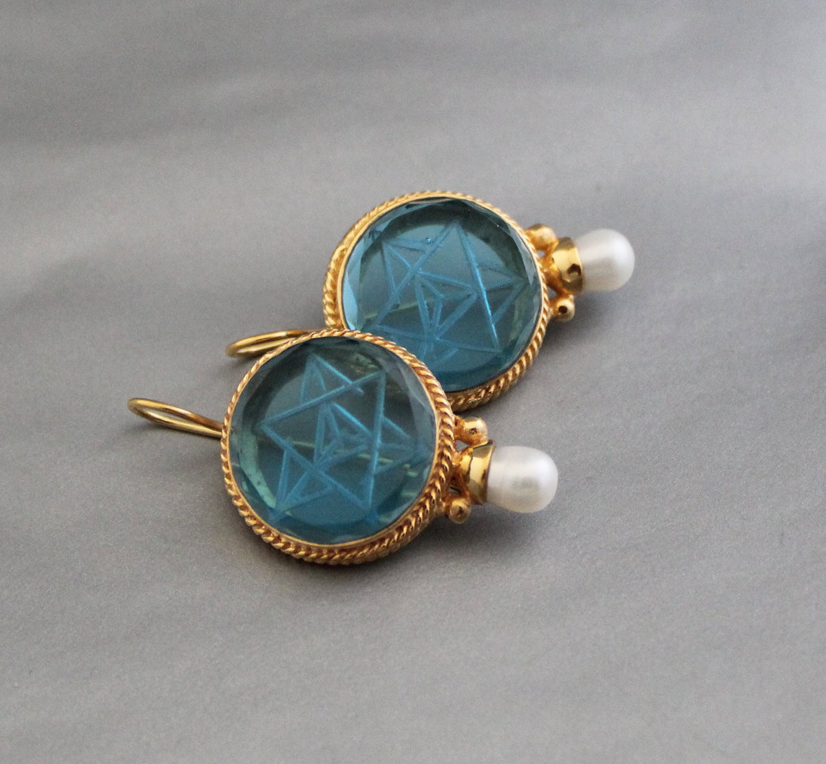 Blue Merkaba Intaglio Earrings, Victorian Pearl Style, Gold, photo 10
