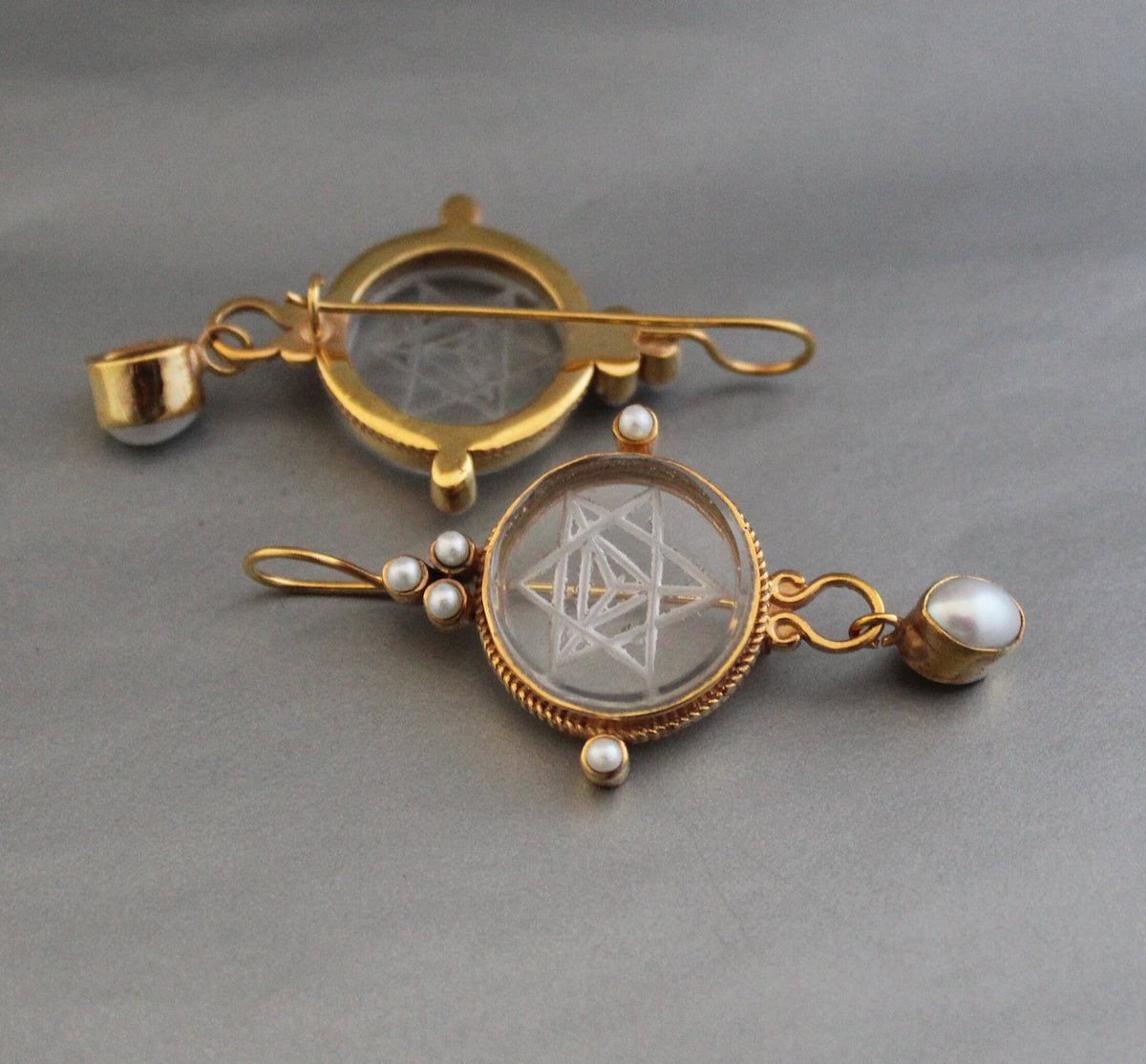 Clear Merkaba Intaglio Earrings, Sacred Geometry, Gold Plated with Pearls, photo 6