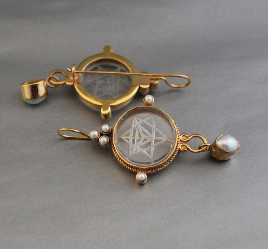 Clear Merkaba Intaglio Earrings, Sacred Geometry, Gold Plated with Pearls, photo 6