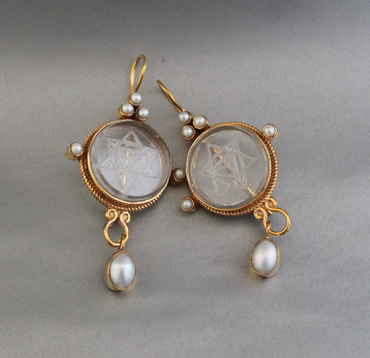Clear Merkaba Intaglio Earrings, Sacred Geometry, Gold Plated with Pearls, photo 7