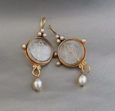 Clear Merkaba Intaglio Earrings, Sacred Geometry, Gold Plated with Pearls, photo 7