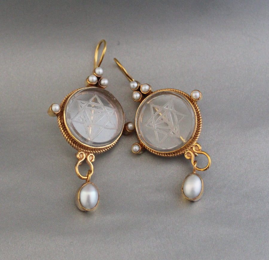 Clear Merkaba Intaglio Earrings, Sacred Geometry, Gold Plated with Pearls, photo 7