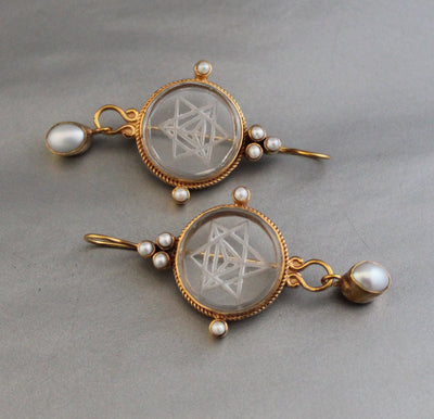 Clear Merkaba Intaglio Earrings, Sacred Geometry, Gold Plated with Pearls, photo 4