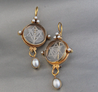 Clear Merkaba Intaglio Earrings, Sacred Geometry, Gold Plated with Pearls, photo 9