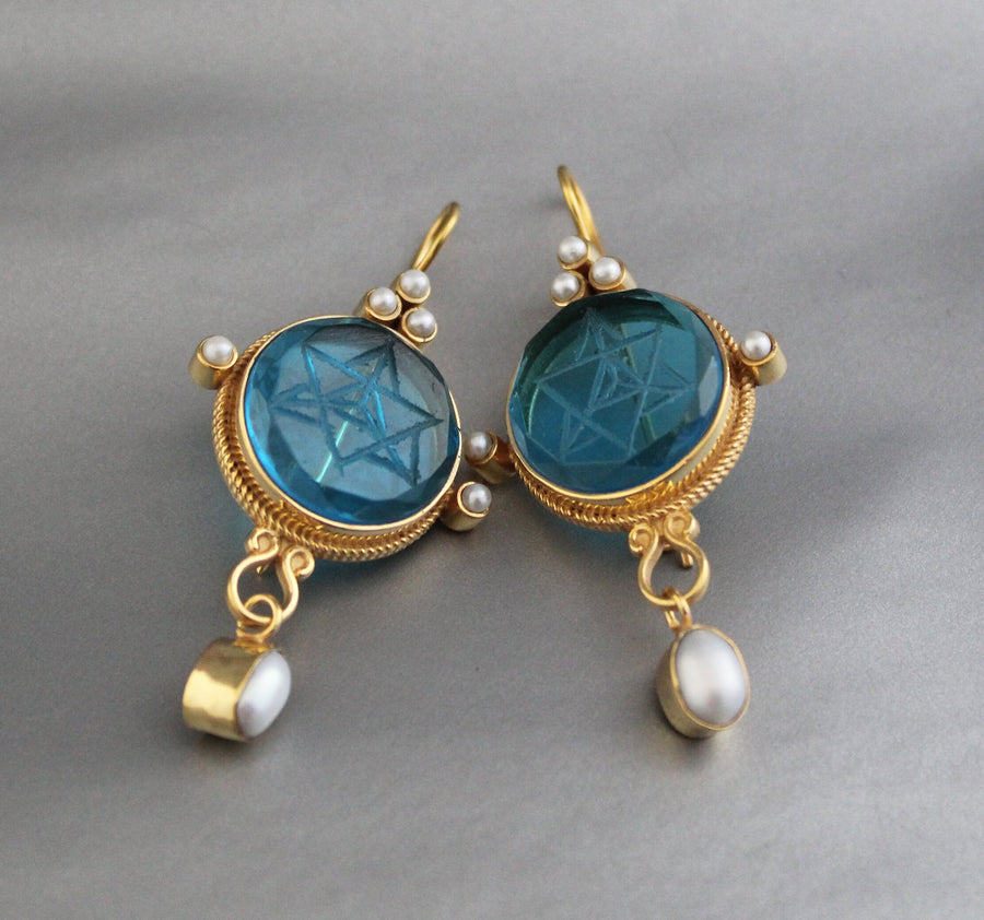 Blue Merkaba Earrings, Sacred Geometry, Victorian Pearl Dangles, photo 5