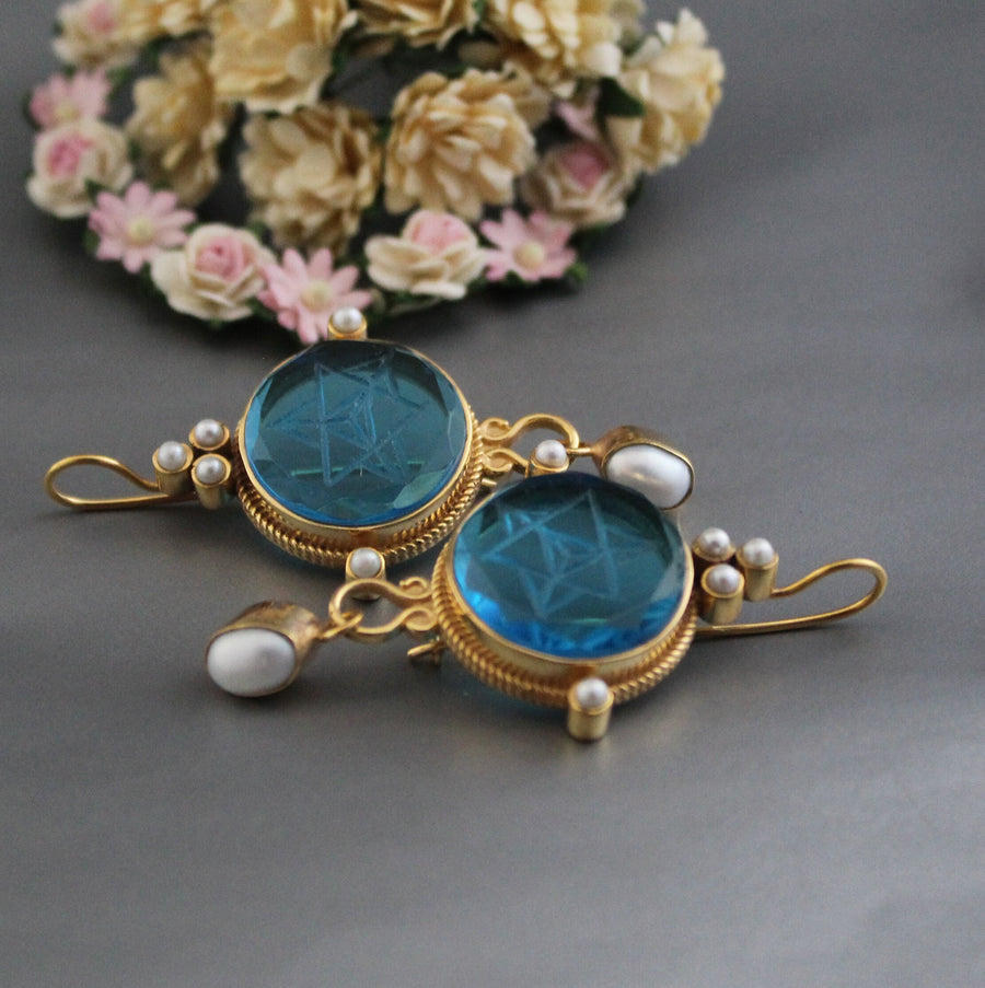 Blue Merkaba Earrings, Sacred Geometry, Victorian Pearl Dangles