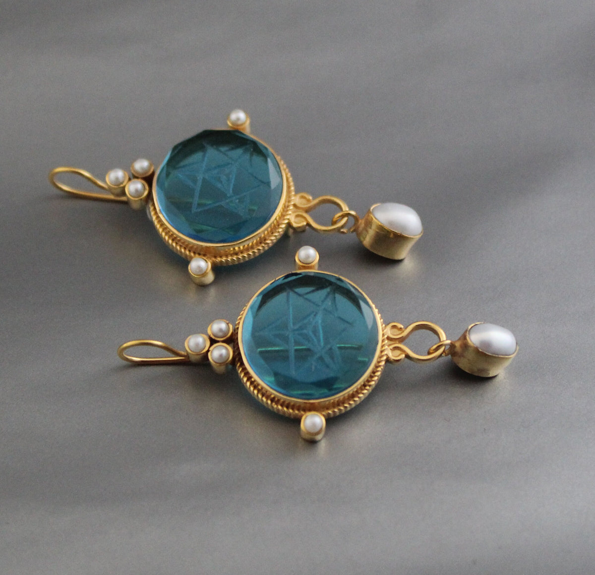 Blue Merkaba Earrings, Sacred Geometry, Victorian Pearl Dangles, photo 2