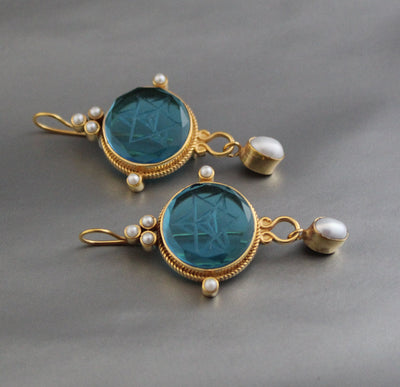 Blue Merkaba Earrings, Sacred Geometry, Victorian Pearl Dangles, photo 2
