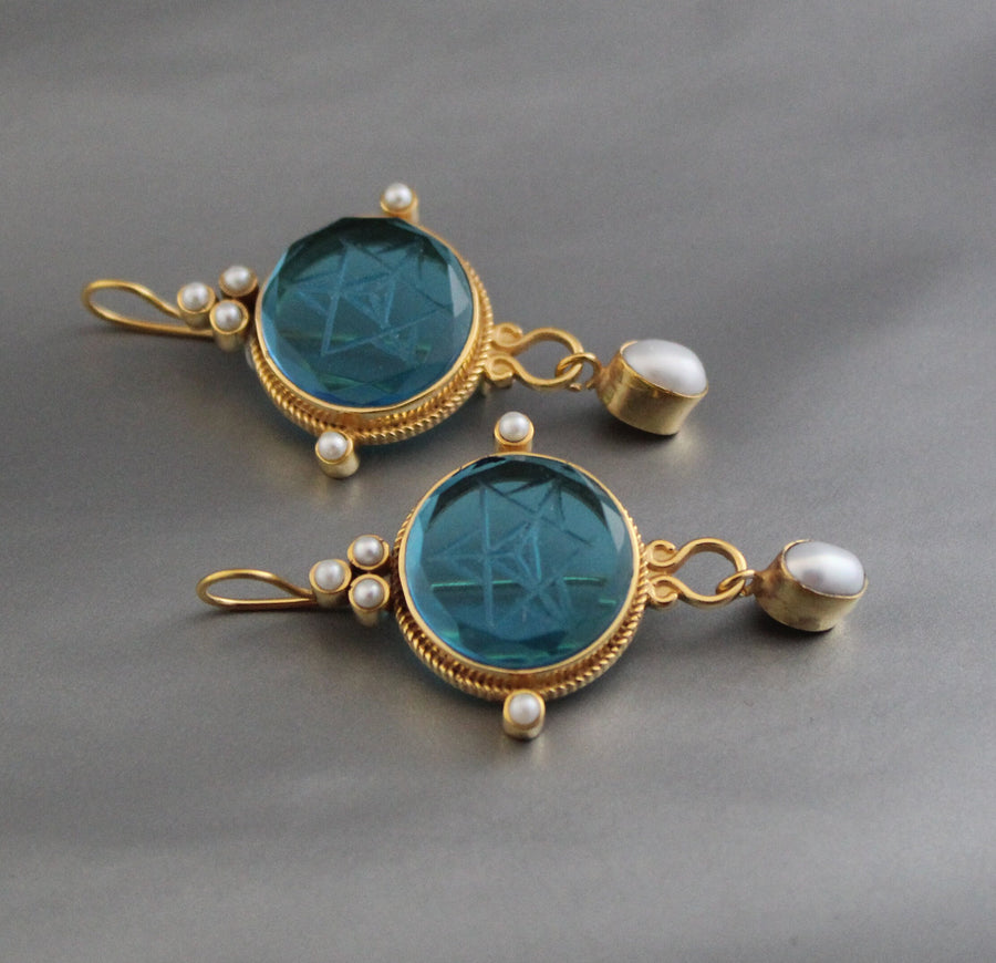 Blue Merkaba Earrings, Sacred Geometry, Victorian Pearl Dangles, photo 2