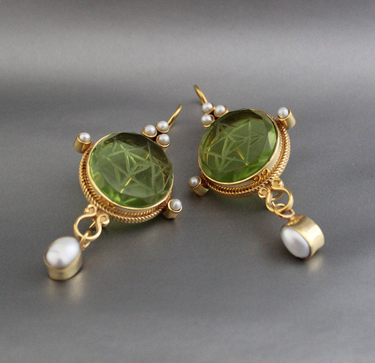 Green Merkaba Intaglio Earrings, Sacred Geometry, Gold Plated with Pearls, photo 7