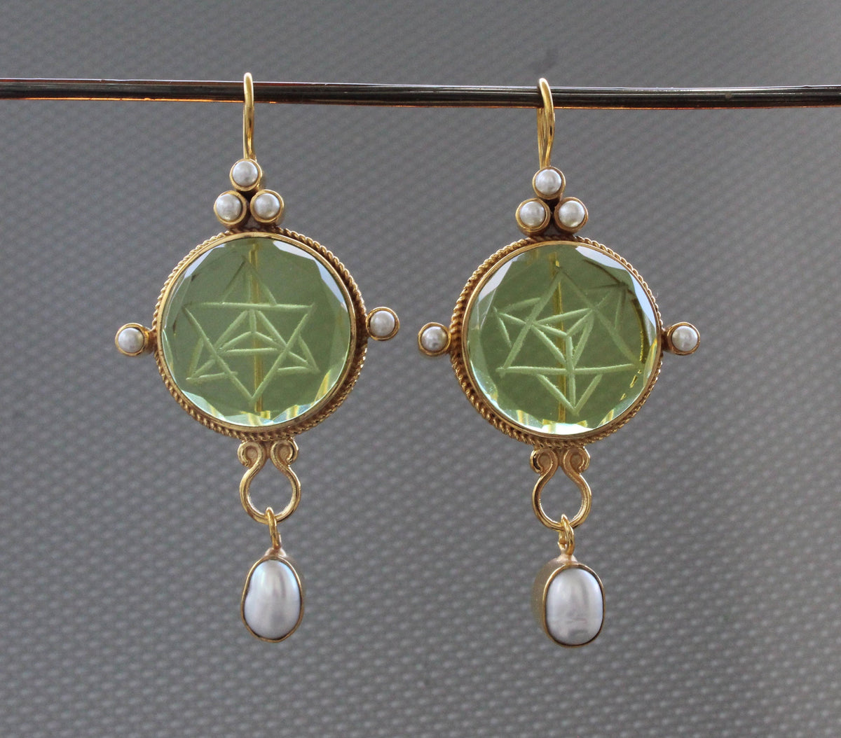 Green Merkaba Intaglio Earrings, Sacred Geometry, Gold Plated with Pearls, photo 5
